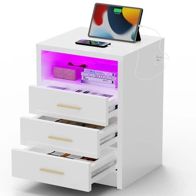 Nachttisch LED Hochglanz Beistellkommode RGB mit 3 Schubladen Nachtschrank - Bild 1 von 4
