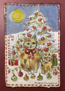 4”X6” Original Watercolor Christmas Cats On Antique-Look Paper By Pamela Wilhelm - Picture 1 of 2