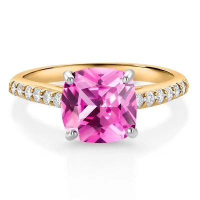 10K Yellow Gold 8MM Cushion Cut Pink Created Sapphire and White Lab Grown - Image 1 of 4