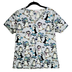 Scrubstar Top Size XS Womens Penguin Print Short Sleeve V Neck Scrub Christmas - Picture 1 of 4