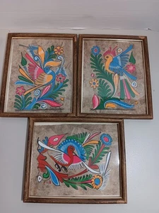Set/3-Pittura Vintage Arte Popolare Messicana Uccellini Luminosi Fiori Corteccia Carta Incorniciata - Foto 1 di 8