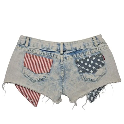 Blue Dog Shorts Womens Large Bleached Denim Distressed Stars Stripes Flag USA - Image 1 of 4
