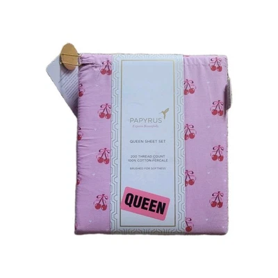 Papyrus Queen Bedsheet Set Cherry Coquette Pink Red Cherries Bows 100% Cotton  - Image 1 of 4