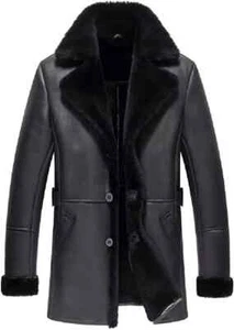 Herren Trenchcoat schwarz Lammfell Leder RAF - echte Lammfelljacke - Bild 1 von 3