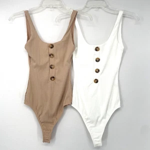 Pretty Little Thing Ribbed Bodysuits Lot 2 Size 4 White Tan w/ Brown Buttons - Picture 1 of 9
