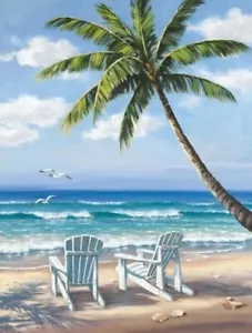 DIY Diamond Painting Palm Tree Beach Lounge Chairs 12" x 16" Quantity Discounts - Picture 1 of 12