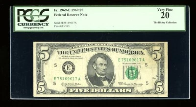 DBR 1969 $5 FRN Richmond Fr. 1969-E PCGS VF-20 Serial E75169617A - Image 1 of 2