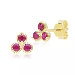 Floreale Rubino Tre Pietre Bottone Orecchini IN 9ct Oro Giallo - Foto 1 di 8