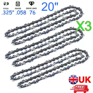 Chainsaw Chain 3X 20" .325 Pitch .058" or 1.5mm Gauge 76 Drive link DL Saw Blade - Picture 1 of 6