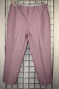 Vintage Leisure Pants W36" x L26" 60s 70s Red Gingham Check Flat Front Slacks - Picture 1 of 12