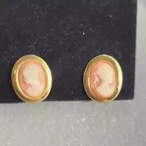 Pendientes de cameo vintage de la década de 1980 retrato femenino clip trasero tono dorado victoriano - Imagen 1 de 7