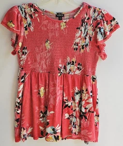 T-shirt maglietta Torrid Top donna 0 rosso polvere floreale smocked peplo manica con volant - Foto 1 di 9