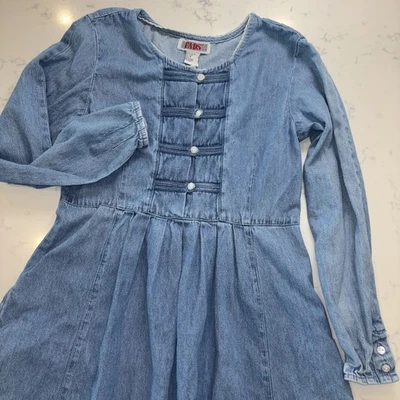 Vintage FADS Denim Pleated Buttoned Prairie Maxi Dress Size 8 Granny Chic 90s - Image 1 of 4