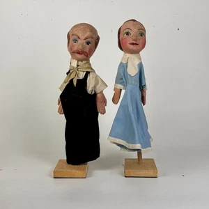 Pair of Early 20th C. Butcher & Wife Paper Mâché Hand Puppets Dressed For Work - Picture 1 of 7