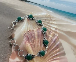 Green Onyx Gemstone bracelet 22cm Long-Sterling Silver 925 Plated-New - Bild 1 von 5