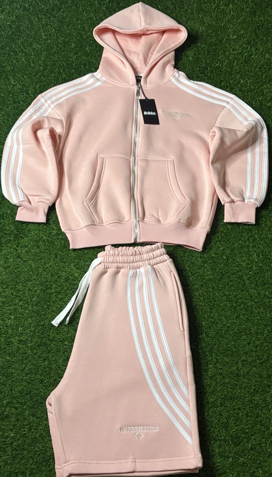 Adidas Pink Hooded Tracksuit with White Stripe Design - Image 1 of 1