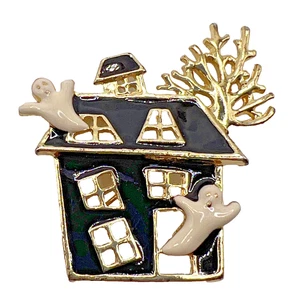 Vintage SFJ Signed Haunted House With Ghost Brooch Pin Enamel Halloween Jewelry - Picture 1 of 7