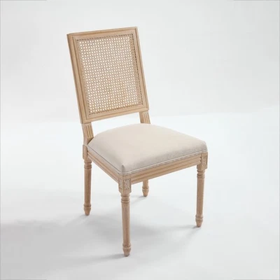 French Country Dining Chairs Set of 2, Rattan Back & Carved Detailing, Beige - Image 1 of 4
