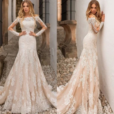 Vestidos de novia de sirena con hombros descubiertos mangas largas de encaje vestido de novia tren de barrido Foto 1 de 4