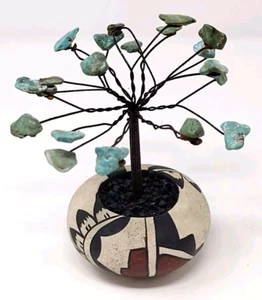 Acoma Pueblo Pottery Turquoise Gemstone Wire Tree Bonsai Sculpture Southwest Art - Picture 1 of 12
