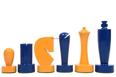 Piezas de ajedrez minimalistas berlinesas en madera pintada azul y amarillo - 3,7" King Foto 1 de 4