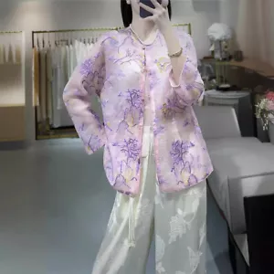 Purple Floral Embroidered Mulberry Silk Tops Summer Western Silk Sunscreen Shirt - Picture 1 of 20