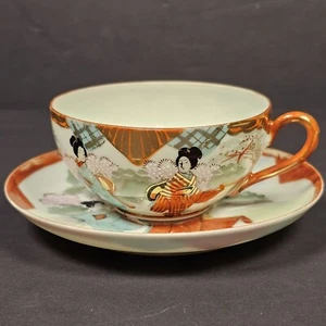 Antigua taza y platillo japonés de porcelana Kutani con cáscara de huevo Satsuma firmado Moriage - Imagen 1 de 23