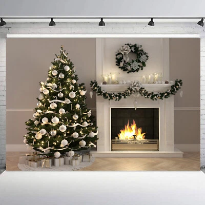 Chimenea de escena de invierno de 10x8 pies verde árbol de Navidad foto fondo accesorios de estudio Foto 1 de 4