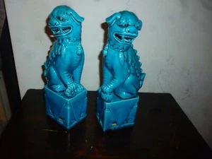Vintage Paar chinesische türkis Porzellan Foo Hunde Statuen gestempelt, 8 1/4" - Bild 1 von 11