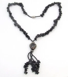 17" Antiqued Silver Tone Puffy Art Glass Heart Black Obsidian Chip Bead Necklace - Picture 1 of 3