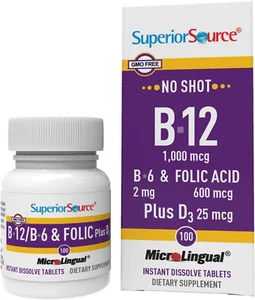 No Shot Vitamin B12 Cyanocobalamin 1000 Mcg, B6, Folic Acid, Vitamin D 1000 IU, - Picture 1 of 12
