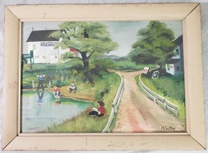 Dipinto ad olio vintage arte popolare The Little Lake Theater Pennsylvania M. Sutton - Foto 1 di 12