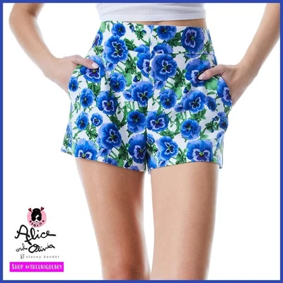 Alice + Olivia Cady 蓝色白色绿色多高腰花卉短裤 8 码 — 第 1/4 张图片