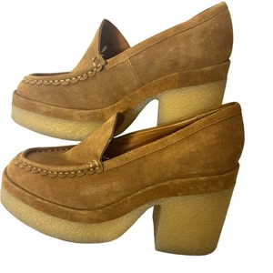 Marc Fisher Womens Tan Suede Lina Heeled Loafers Chunky Y2K Boho Academia Hippie - Picture 1 of 11