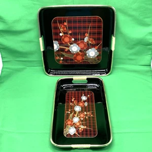 Japanese Serving Tray 2-Pc Set Black Floral Glossy Square & Rectangular Vintage - Picture 1 of 10