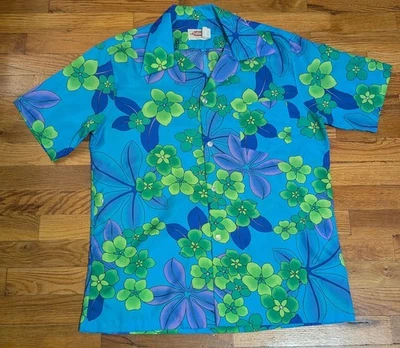 Vtg Pomare Hawaiian Shirt - Men's LARGE - Blue Floral AOP Hawaii Flower Surf - Image 1 of 4