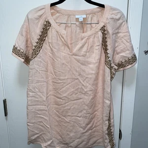 Top donna J. Jill piccolo pesca scollo a V ricamato manica corta misto lino boho - Foto 1 di 7