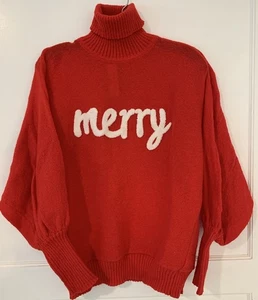 Sweater Dolman Sleeve Turtleneck Red With Merry In White Unbranded Size L - Picture 1 of 7
