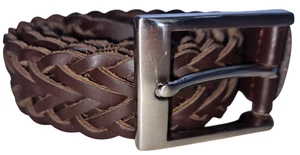 Full Grain Cow Leather Belt, 35 mm Dark Brown Braided Accent Solid Buckle, 42" - Picture 1 of 16