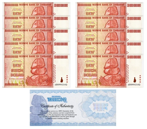 10 x Zimbabwe 50 Billion Dollar banknotes 2008/circulated bundle CoA  Authentic Cover