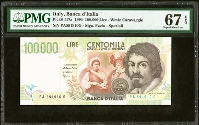 ITALY BANCA D'ITALIA 1994  100,000 LIRE BANKNOTE, PMG CERTIFIED GEM67, PICK#117a - Image 1 of 2