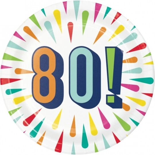 7-дюймовые бумажные тарелки Birthday Burst 80th Birthday упаковка 8 шт. столовая посуда на день рождения 80 шт. - Изображение 1 из 1