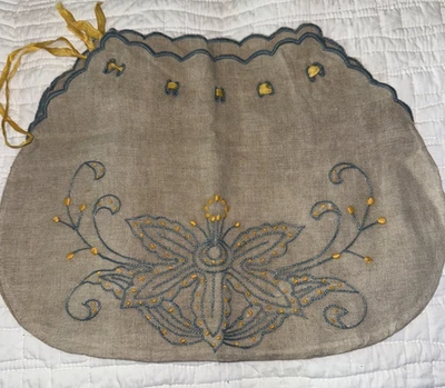 Antique Arts & Crafts Embroidered Linen Drawstring Bag 9" x 13" - Image 1 of 4