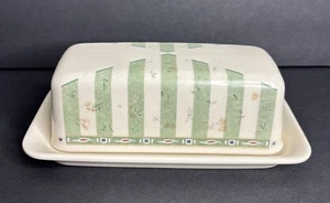 Pfaltzgraff Naturewood Butter Dish & Lid Stoneware Green Striped Birdhouse USA - Picture 1 of 4