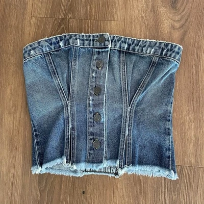 Nuevo con etiquetas Corsé Denim Current/Elliott Top Azul Pastizal Botón Frontal Talla 0 $148 Foto 1 de 4