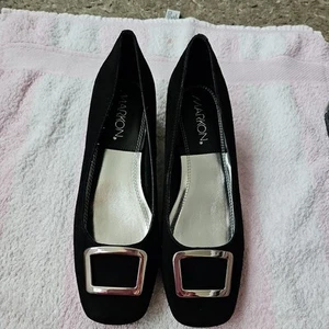 Women's Markon Suede Shoes With Silver Square Buckle Size 4 Black Colour. - Picture 1 of 4
