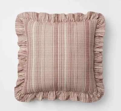 24"x24" Uneven Plaid with Ruffle Pillow Burgundy/Cream - Threshold Studio McGee - Image 1 of 4