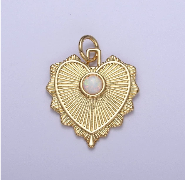 18k Gold Filled Heart Charm Medallion Opal Pendant Radial Sun NEW - Image 1 of 2