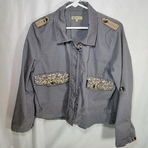 Democracy Jeans Jacket Twill Button and Zip Embroidery Waist Length Epaulettes L - Picture 1 of 6