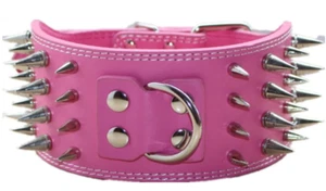 3" WIDE RAZOR SHARP Spiked Studded Leather Dog Collar 4-ROWS 19-22" 21-24"-ROSE - Picture 1 of 4
